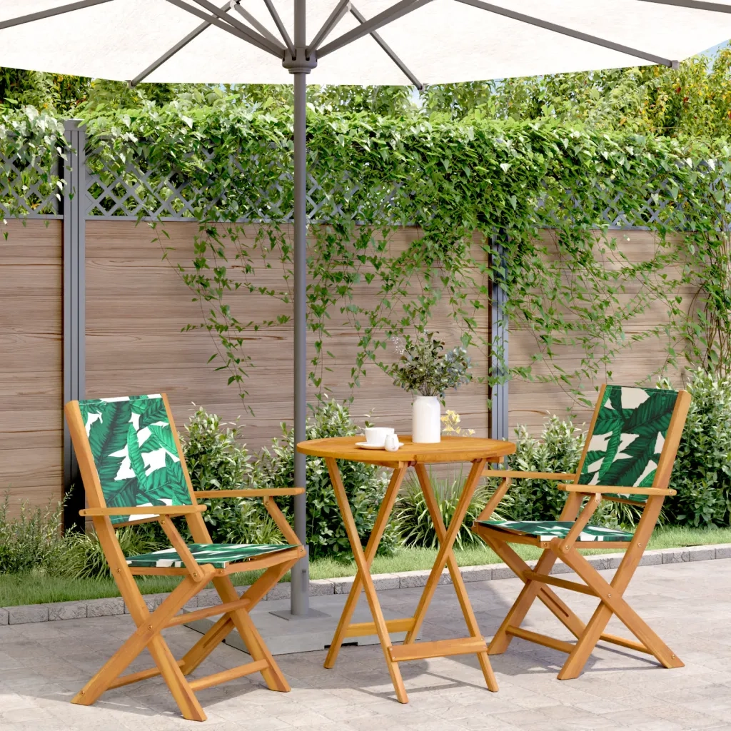 Set da Bistrot 3 pz | Set Salotto da Giardino Motivo Foglie in Tessuto e Legno Massello