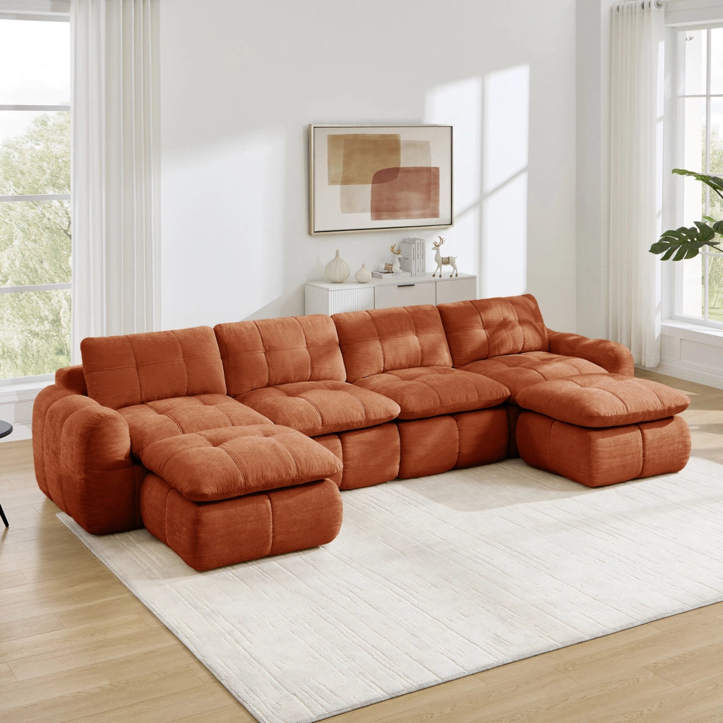 Divano modulare in ciniglia arancione; 334x160x68 cm