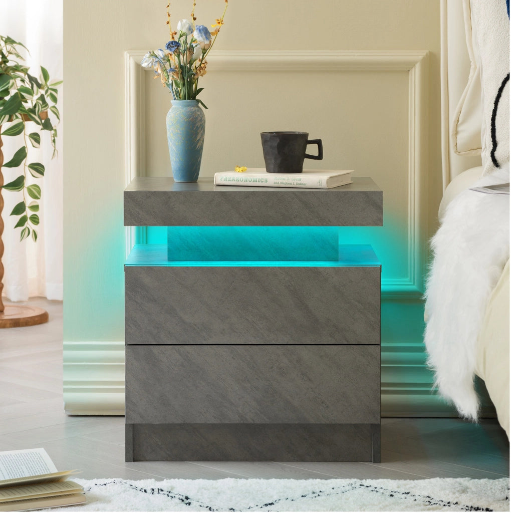 Comodino Moderno con Luce LED Regolabile e 2 Cassetti, Colore Grigio Scuro
