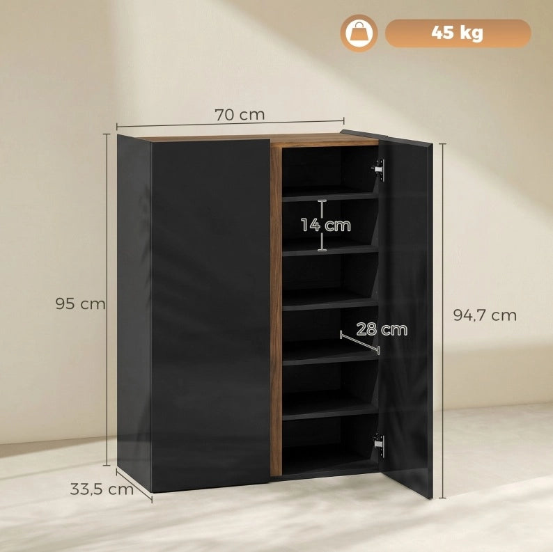 Scarpiera a 6 livelli con ante soft-close senza maniglie; nera