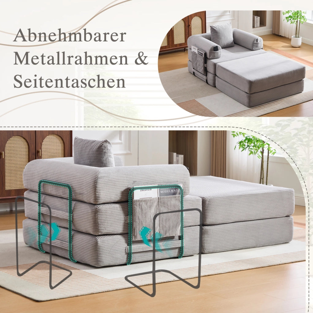 Divano modulare in velluto a coste grigio chiaro con pouf; 112x190x67 cm; senza montaggio