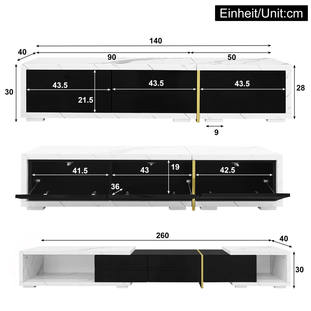 Mobile TV 140-260 cm; girevole e regolabile; MDF e truciolato; nero e marmo bianco