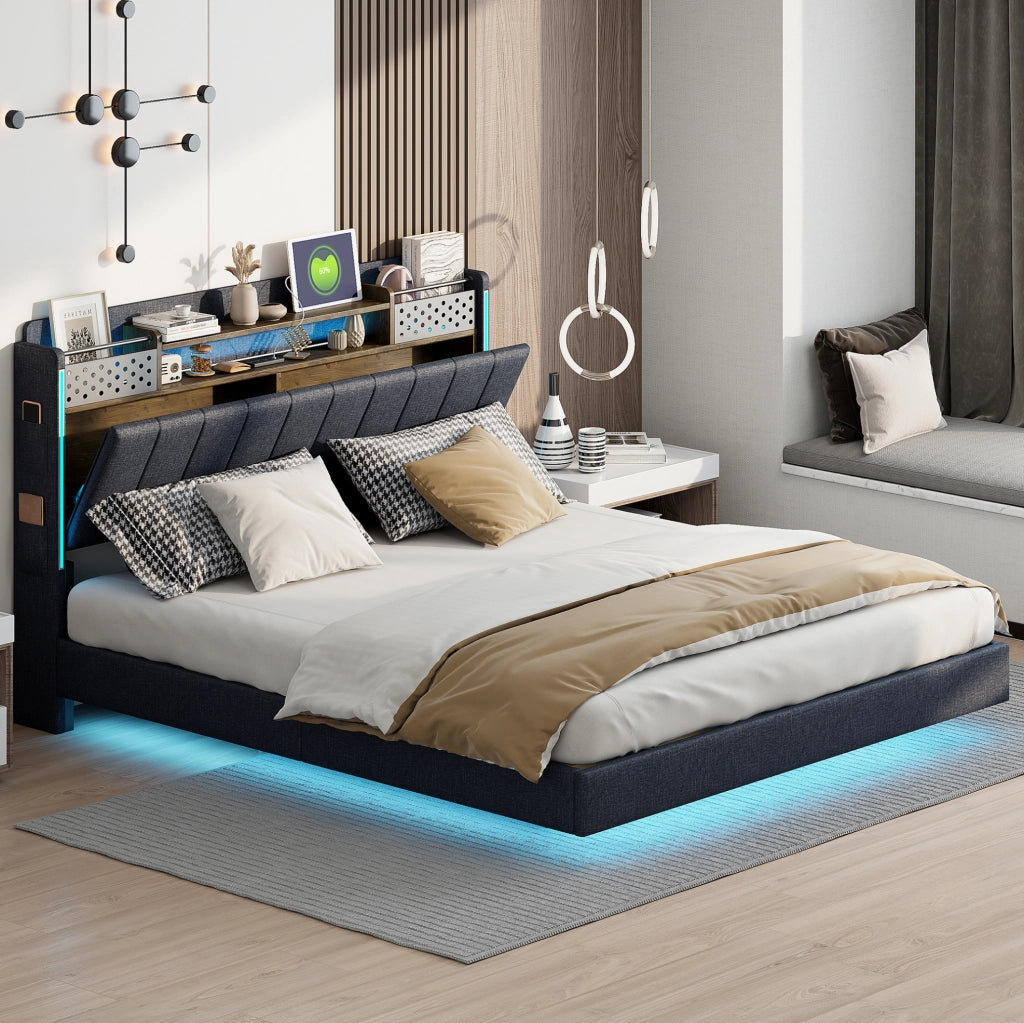 Letto imbottito 160x200 cm; testiera con USB e LED; contenitore; tessuto grigio (Senza materasso)