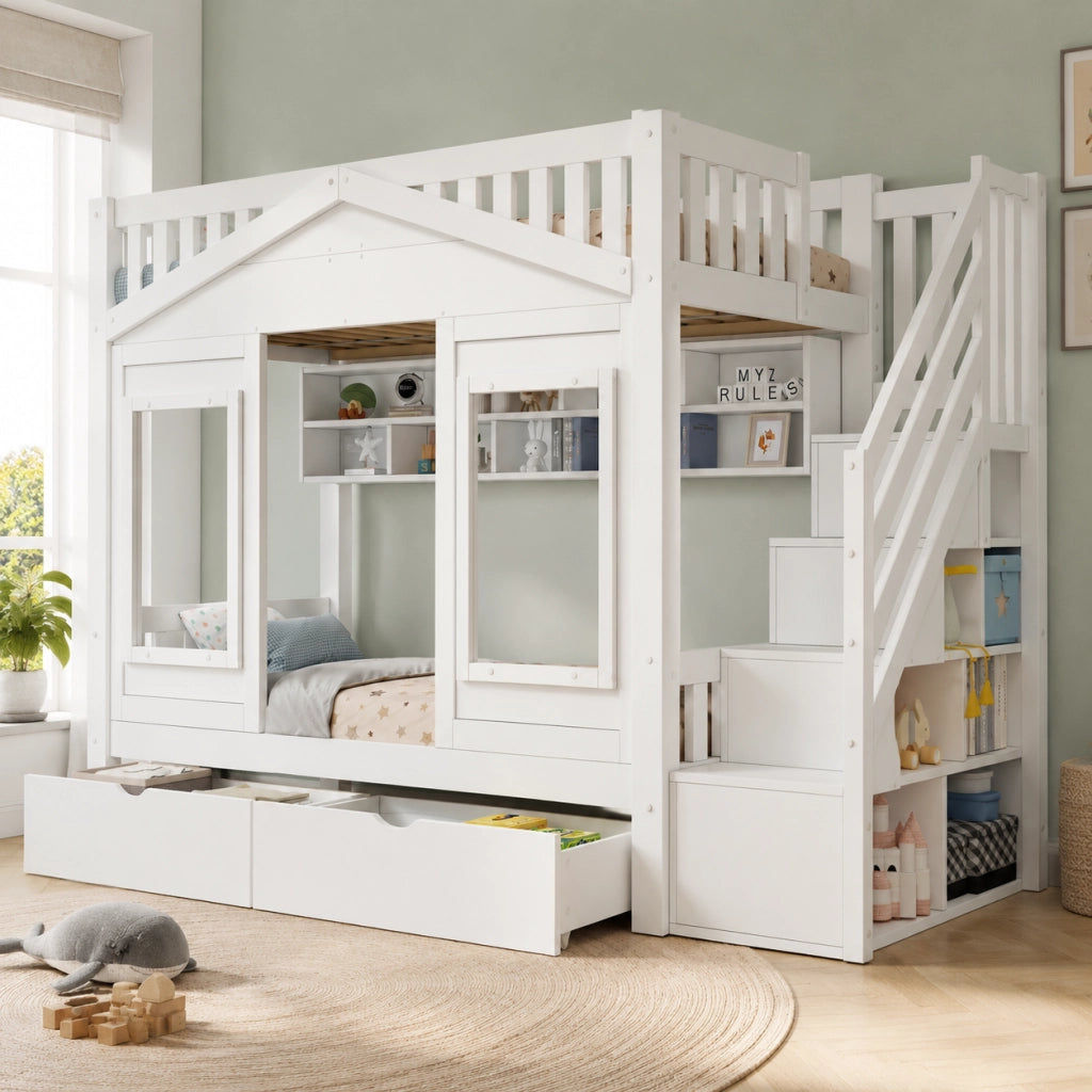 Letto a castello in legno massello 90 x 200 cm per bambini con protezione anticaduta, scala contenitore e finestra - Bianco