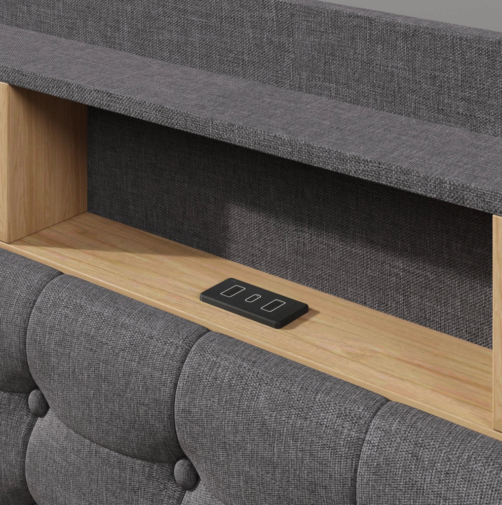 Letto imbottito 180x200 cm con LED; contenitore idraulico; USB e Type-C; lino; grigio