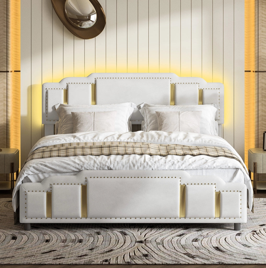 Letto matrimoniale 140x200 cm imbottito beige in velluto con cassetti e dettagli dorati