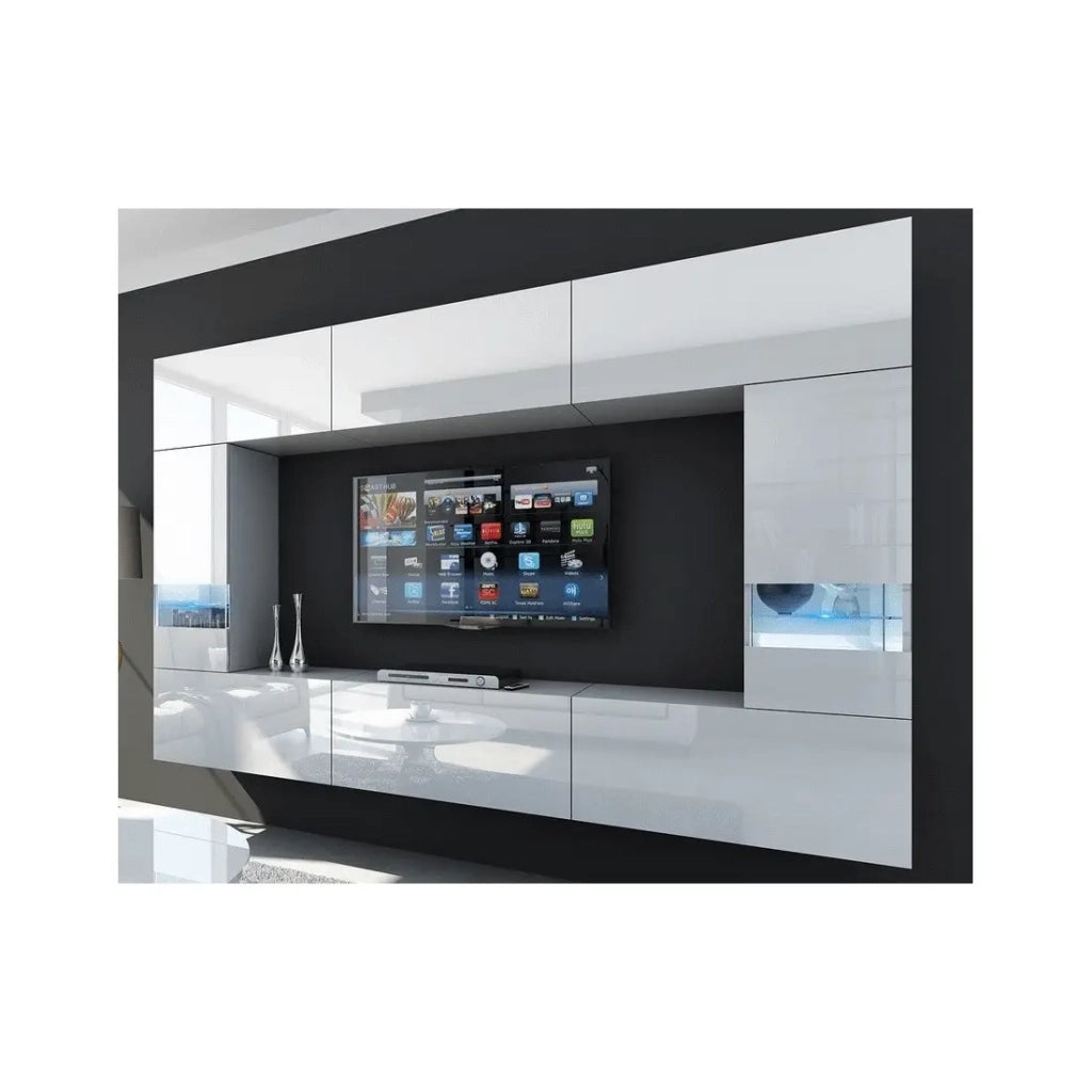 Set di mobili da salotto bianchi, sospesi, collezione CEPTO XXIX. 249cm, 8 pezzi, led, modulabili.