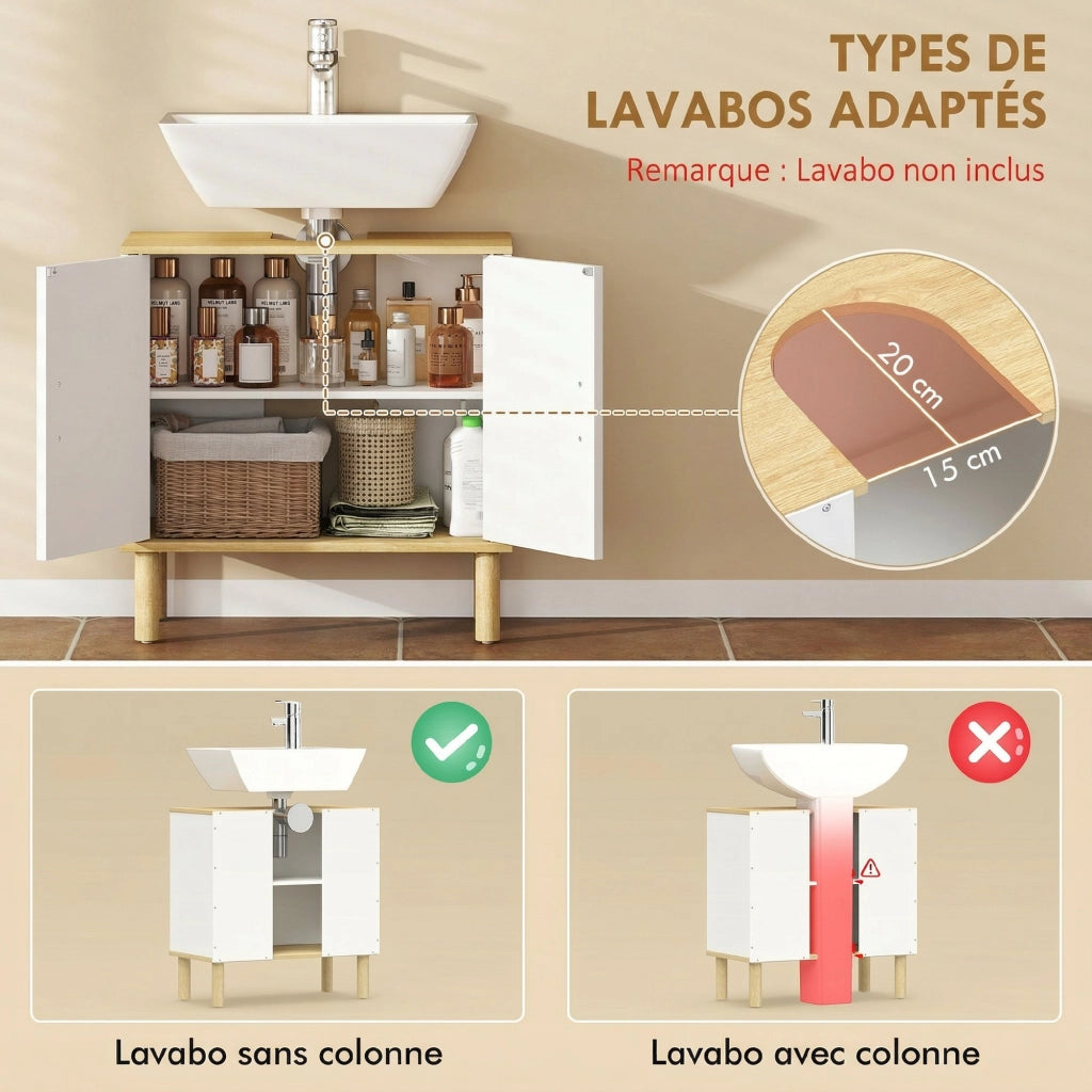 Mobile Sottolavabo Bagno con 2 Ante e Ripiano Regolabile ¨C Zephmum ¨C Bianco 60x30x61