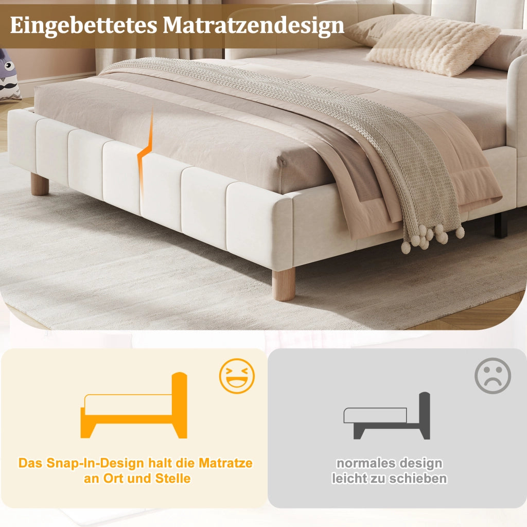 Letto per bambini 140 × 190 cm con testiera imbottita, barriere di sicurezza e tasche, senza materasso, in velluto beige