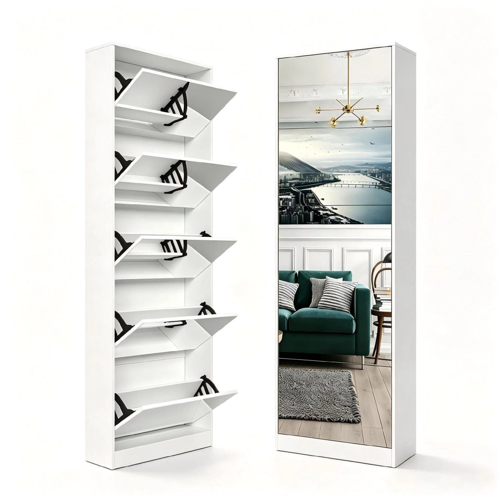Scarpiera con specchio 63x19，6x185 cm in MDF bianco per ingresso