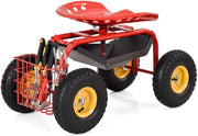 Sedia a rotelle per giardinaggio, girevole a 360° e regolabile in altezza da 46 a 53 cm, con cestino e ripiano, portata 150 kg, per giardinaggio e cura dell'auto (rosso)
