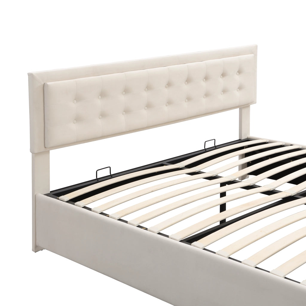 Letto imbottito in velluto beige 180x200 cm con contenitore, testiera regolabile e struttura con 3 piedi in metallo