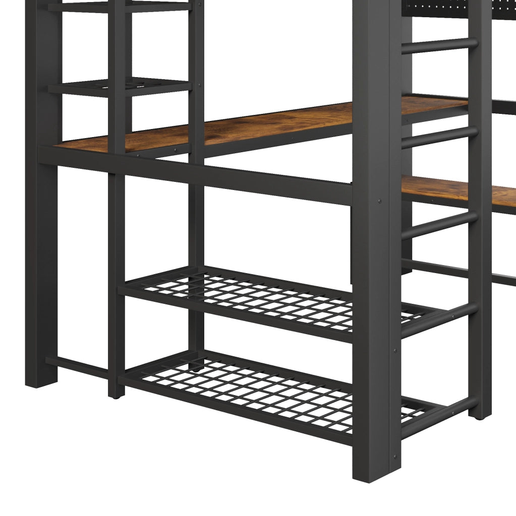 Letto a soppalco 140x200 cm in metallo con scrivania, LED e ripiani