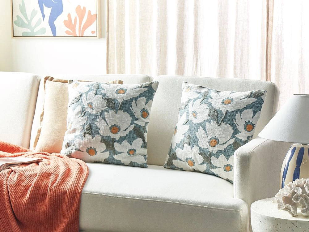 Set di 2 cuscini in cotone blu con motivo floreale, fatti a mano e sfoderabili 45 x 45 cm con imbottitura stile boho