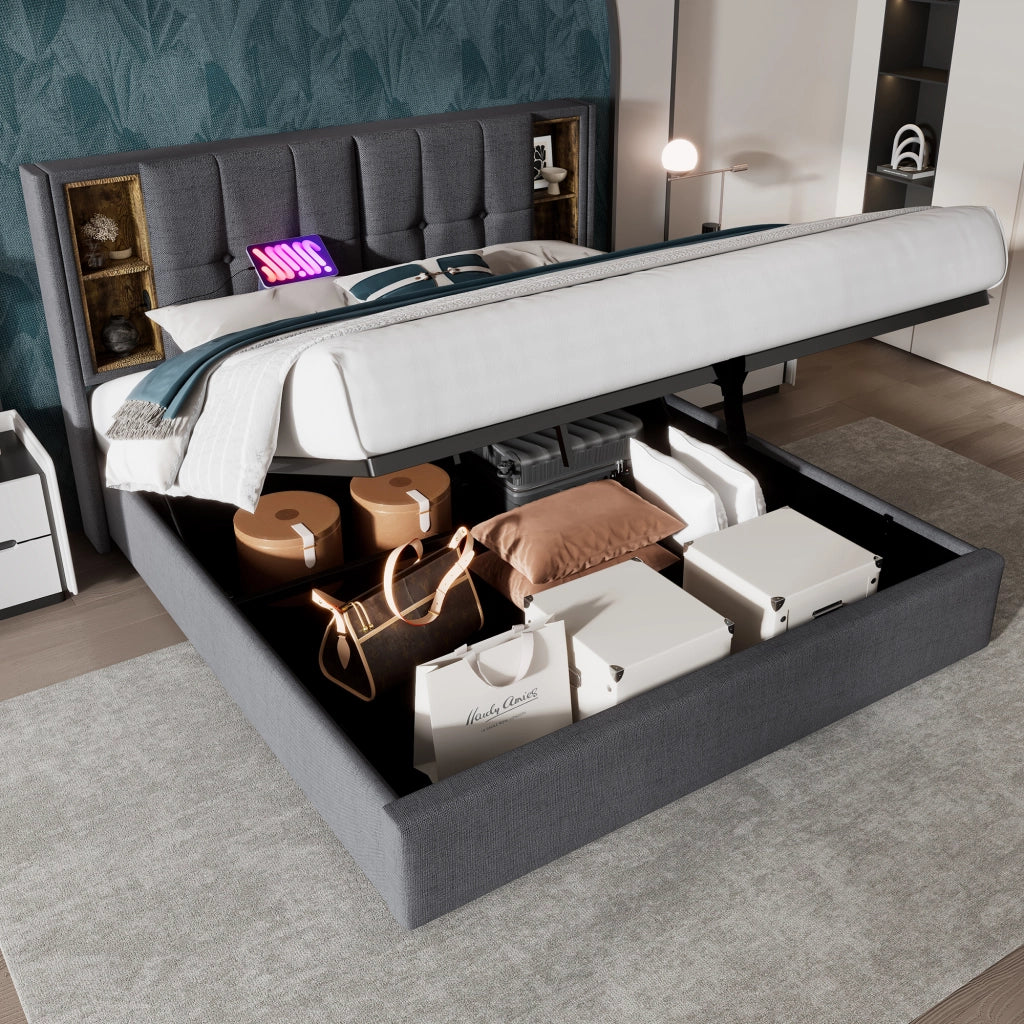 Letti contenitori 180x200 cm; ricarica wireless e USB; cotone grigio (Senza materasso)