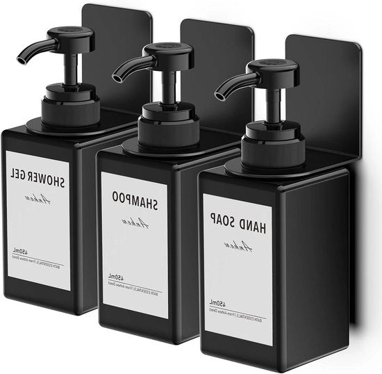 Tre Dispensatori di Sapone per Pareti Montati da 450 Ml Senza Fori con 16 Etichette per Cucina/Bagno/Doccia - Nero