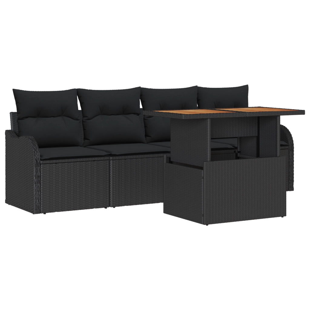 Set Divano da Giardino  5 Pezzi con Cuscini Rattan Polyrattan Nero