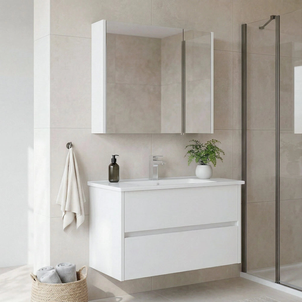 Set mobile lavabo con specchio (2 pezzi) "Arno 85" - 85 x 45 x 52 cm - Bianco