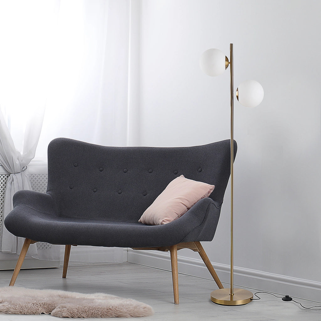 Lampada da terra design ¨C Minimal ¨C 2 teste, sfera, metallo dorato