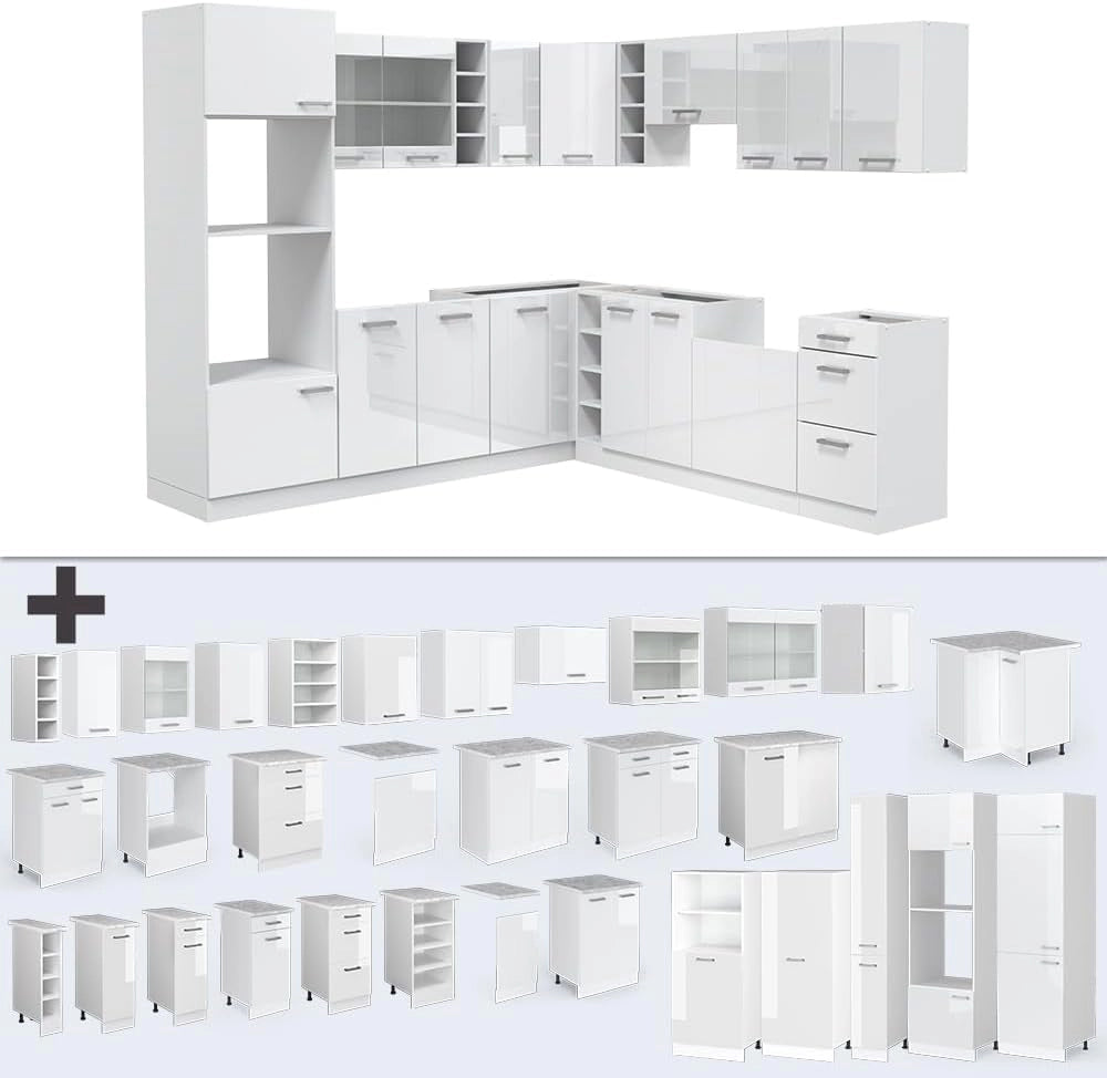 Cucina angolare completa R-Line, Bianco lucido, 247 x 60 cm, PL Marmo, per disposizione flessibile ed espansione modulare