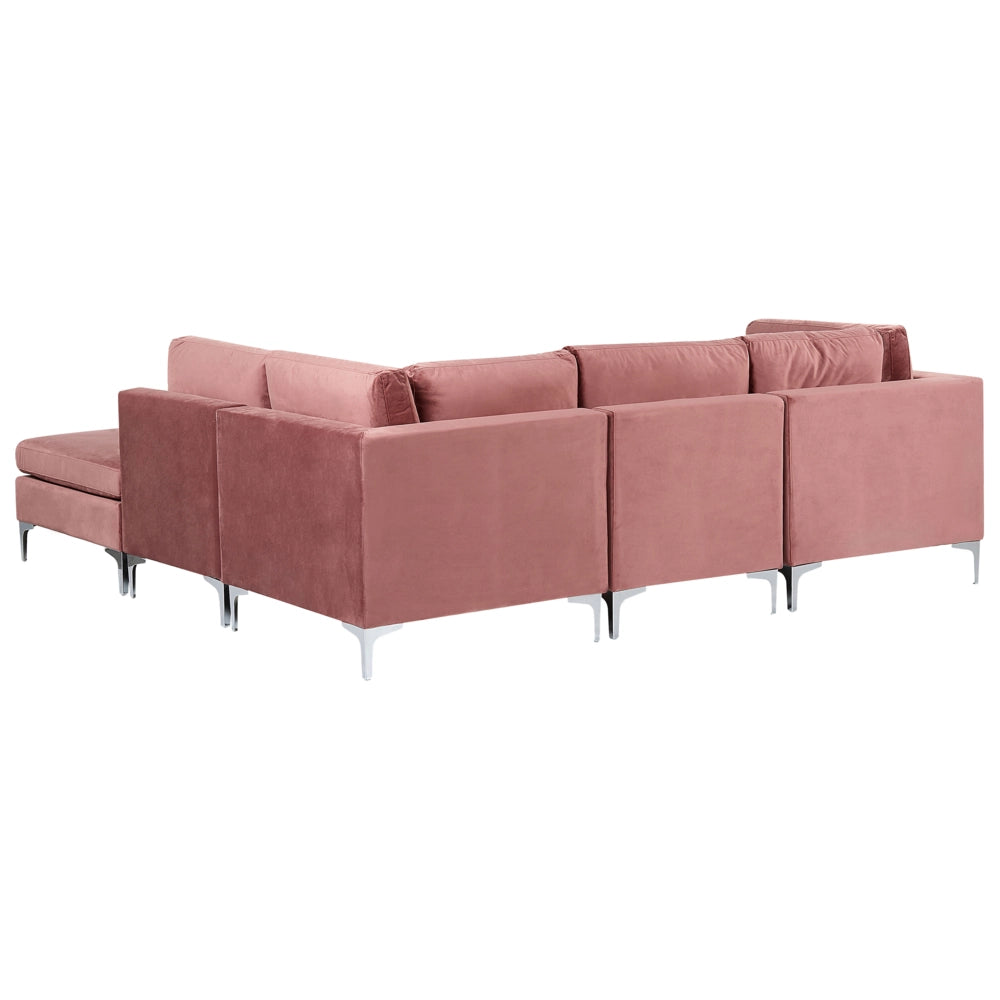 Divano componibile ad angolo versione sinistra a 4 posti in velluto rosa con gambe in metallo argentato a forma di L ottomana Stile glamour