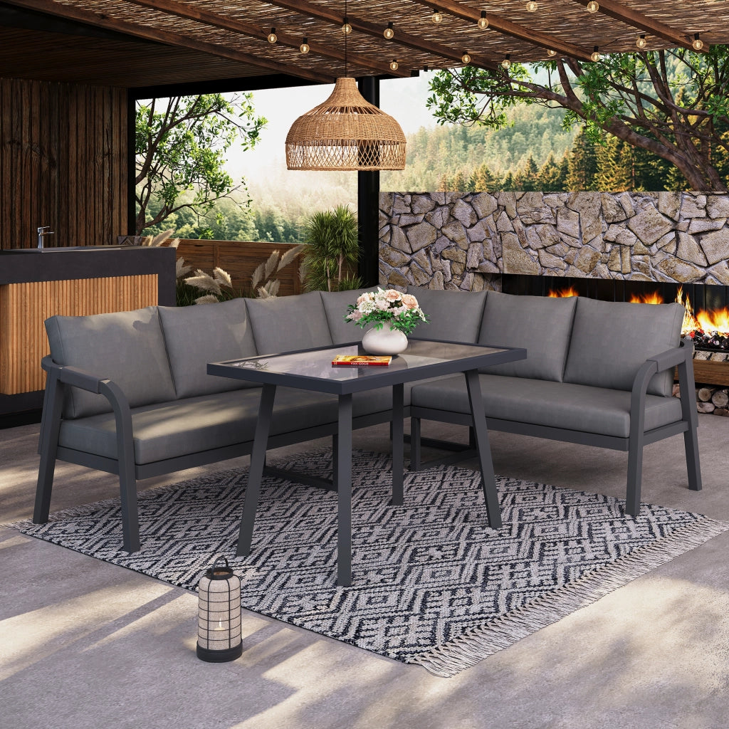 Set da pranzo da giardino set di mobili da giardino pu¨° capire fino a 6 persone braccioli e schienali intrecciati tubi in acciaio zincato include divano d'angolo e tavolo da pranzo colore: grigio