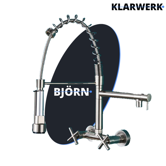 Bjorn | Rubinetto da parete gastronomia argent Rubinetto cucina professionale in acciaio inox con due doccette|doppio lavello da parete ristorante