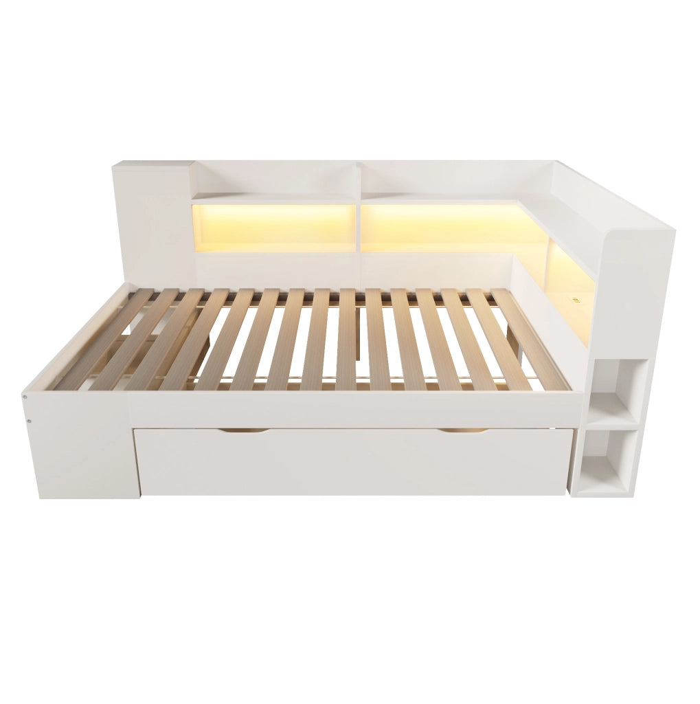 Letto da giorno ULEVR 90x200 cm con materasso, LED, USB e Type-C, cassetti e ripiani, bianco