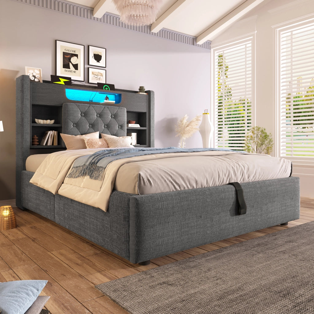 LETTO Contenitore 90x200 cm in lino grigio con LED e USB