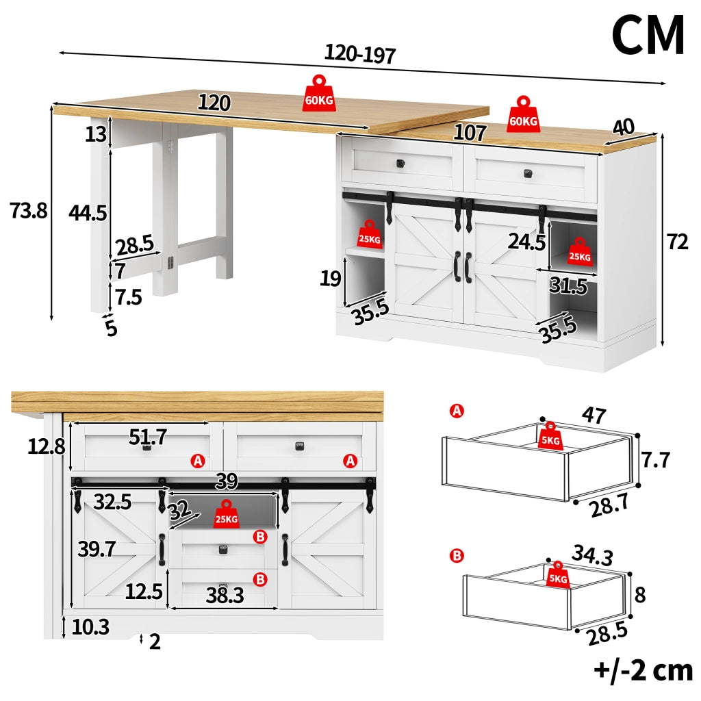 Tavolo da pranzo con armadio laterale; pannelli girevoli a 360°; per cucina; 120-197 × 40 × 72 cm