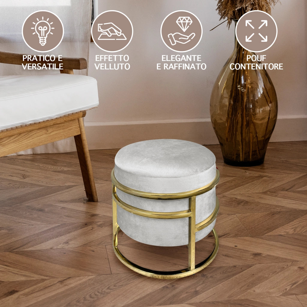 Pouf Contenitore Poggiapiedi Velluto Con Struttura Circolare Cromata Oro Elegante Imbottito Sgabello Per Toeletta Mobile Trucco Ottomano Ingresso Camera Da Letto Rotondo - Grigio chiaro