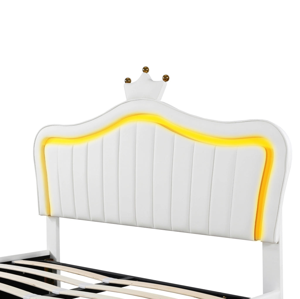 Letto per bambini imbottito 140x200 cm con contenitore; LED e testiera a conchiglia; bianco