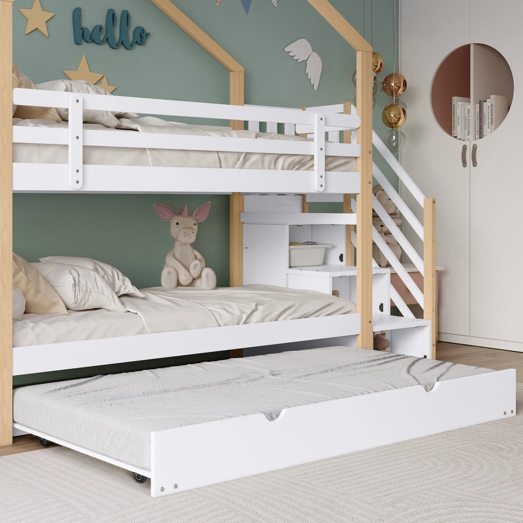 Letto a Castello Estraibile 90x200 cm e 90x190 cm; Letto 3 Posti; con Scala con Cassetti - in Legno e MDF - Bianco Naturale