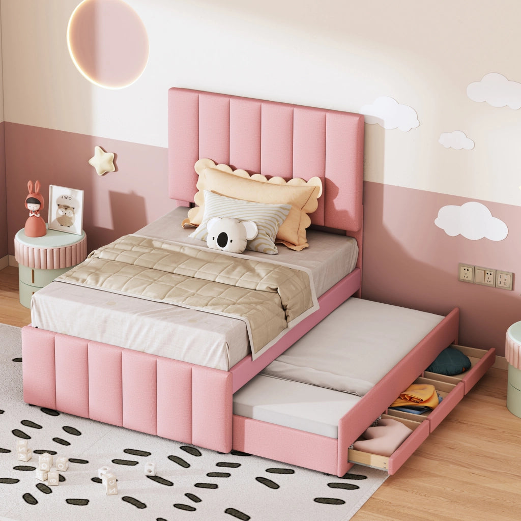 Letto imbottito singolo 90×200 cm con letto estraibile e 3 cassetti; rete inclusa; senza materasso; rosa