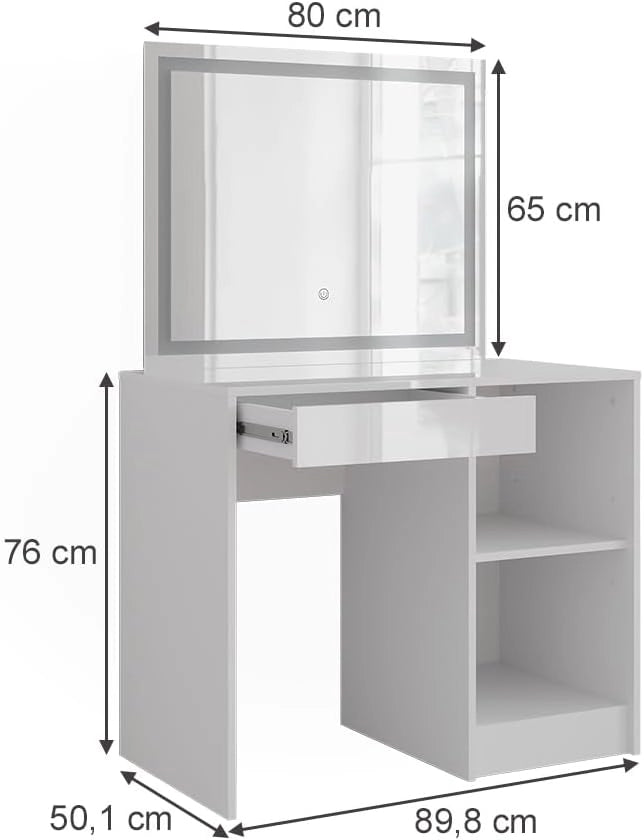 Tavolo da toeletta Sherry, Bianco/bianco lucido, 89.8 cm con specchio LED, con piano d'appoggio e ripiani laterali
