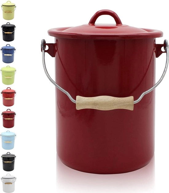 Afvalletto con rivestimento email e maniglia in legno - 3 litri rosso - resistente taglio e abrasione - duraturo e multifunzionale - bidone di rifiuti con coperchio
