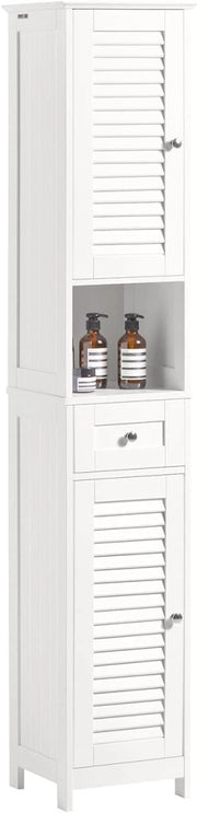 Mobile Colonna Bagno Salvaspazio Bianco Armadio Alto con 2 Ante, 1 Cassetto e Ripiano Aperto Mobiletto Bagno per Lavanderia, WC o Cucina Bianco 32x170x30cm FRG236-W