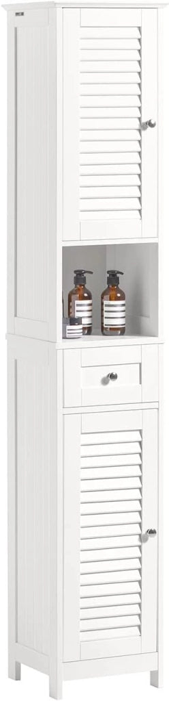 Mobile Colonna Bagno Salvaspazio Bianco Armadio Alto con 2 Ante, 1 Cassetto e Ripiano Aperto Mobiletto Bagno per Lavanderia, WC o Cucina Bianco 32x170x30cm FRG236-W