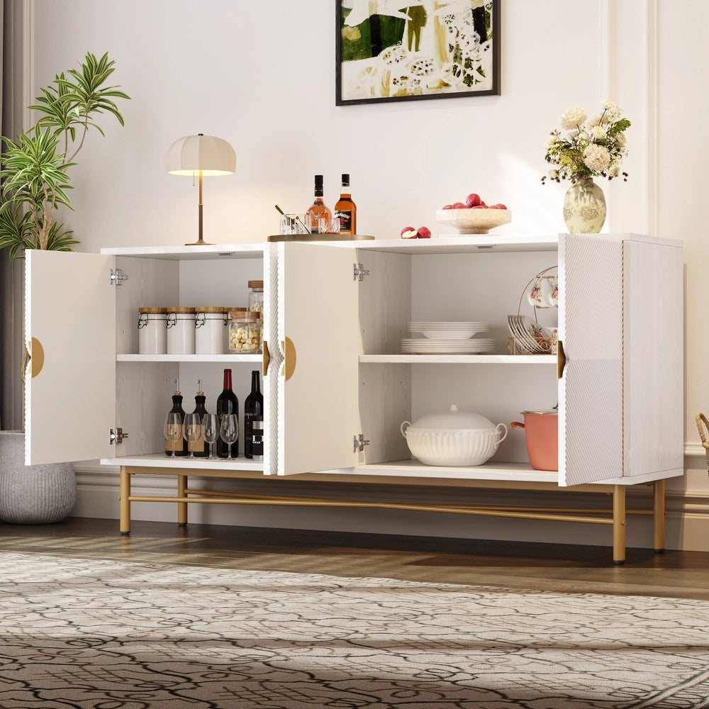 Credenza 4 Ante con Ripiani ¨C MINIMAL ¨C Bianco Lucido, Gambe Dorate, 160x40x82