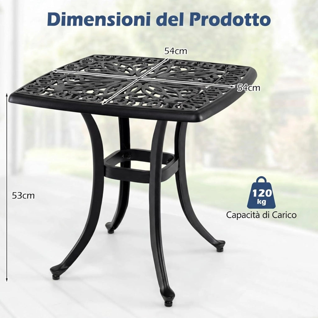 Tavolino da Esterno in Alluminio, con Foro per Ombrellone, Quadrato Antiruggine, per Giardino, Veranda e Balcone, Portata 120 kg