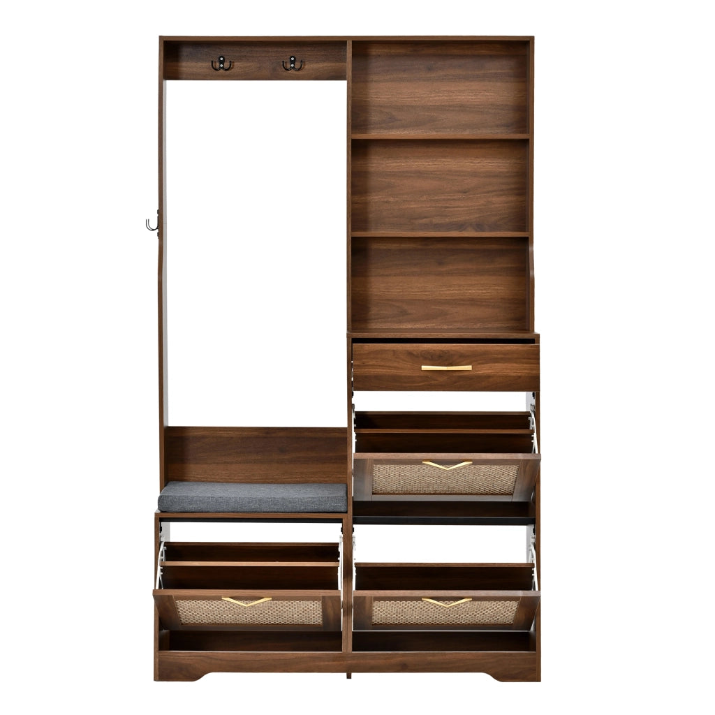 Mobili da ingresso con panca; 3 ribalte porta scarpe; cassetto; ganci e ripiani; in MDF; colore noce