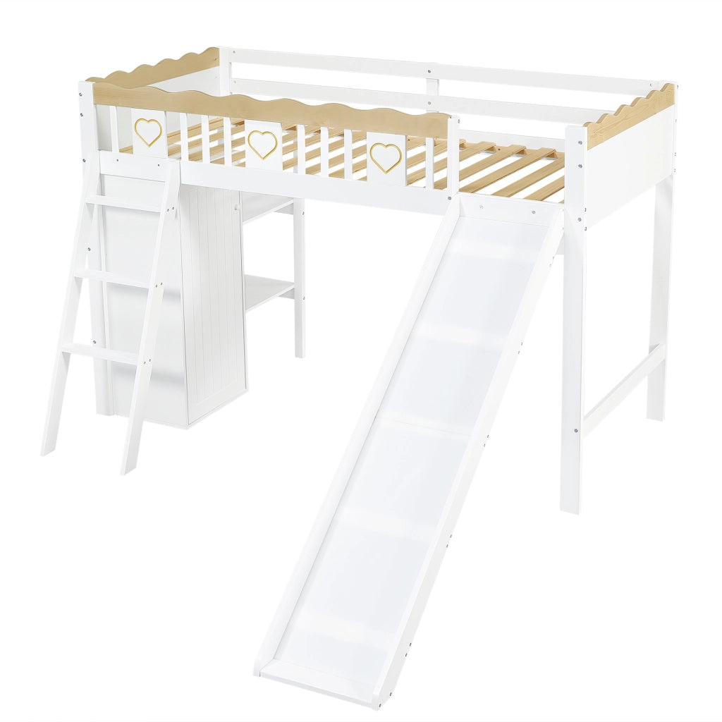 Letto a Soppalco 90 x 200 cm con Scivolo; Armadio e Mobile Contenitore - Bianco Naturale