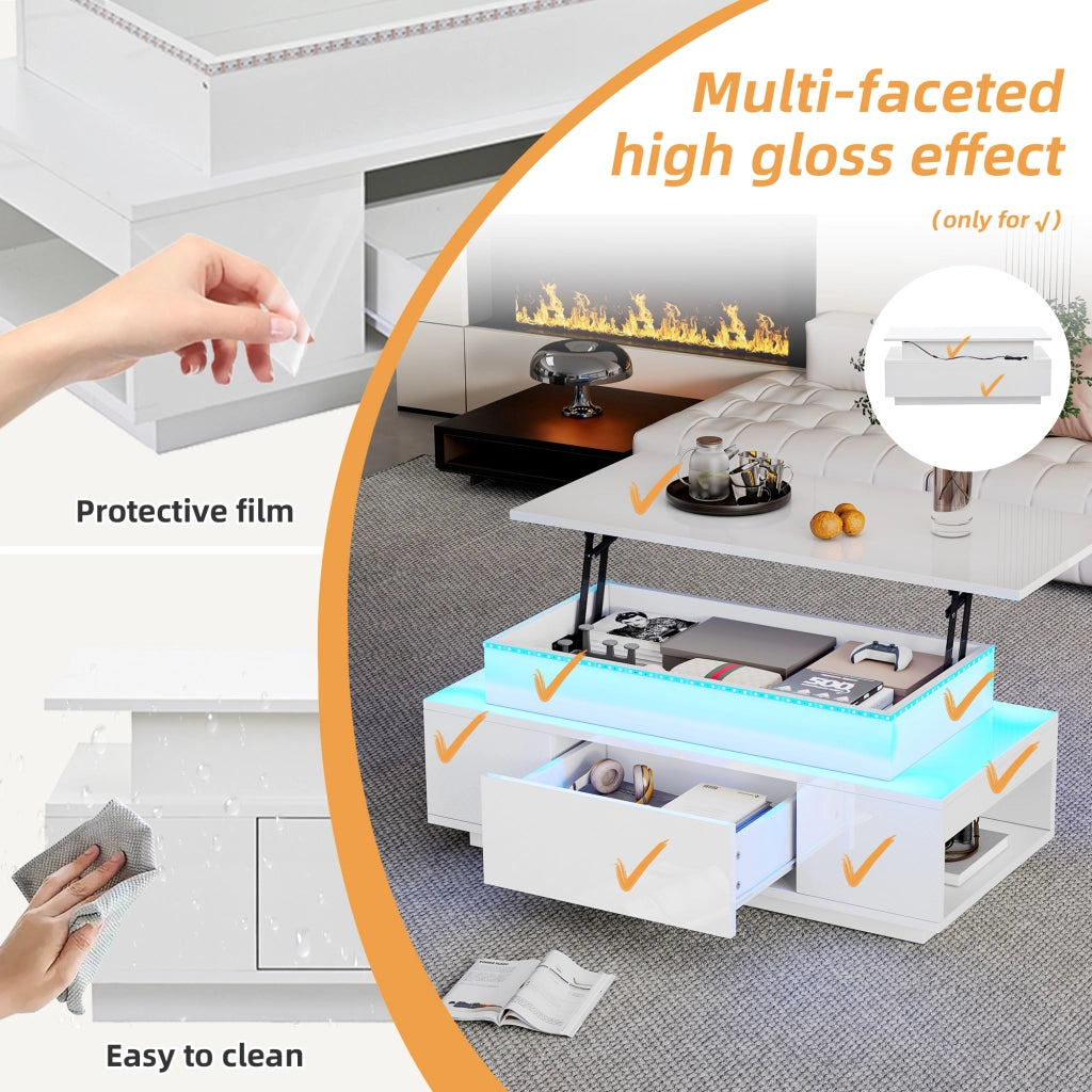 Tavolino Da Salotto Reclinabile con 1 Cassetto e Vano Nascosto; LED USB; Bianco Lucido; Stile Moderno; 96×45×40 cm; Bianco