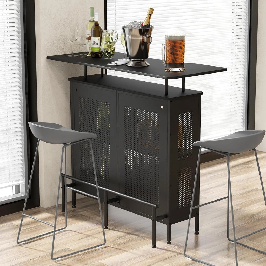 Tavolo da bar con 1 ripiano rialzato e 6 portabicchieri, tavolo da vino a 4 livelli, tavolo da cucina con poggiapiedi in stile industriale, nero, 120 x 50 x 106,5 cm