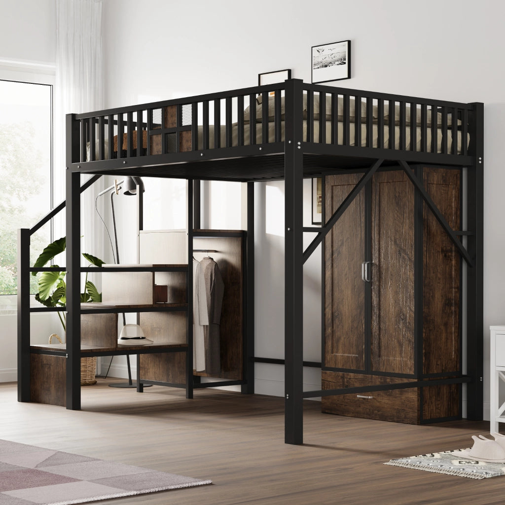 Letto a castello nero in metallo e legno con funzione contenitiva 140x200 cm