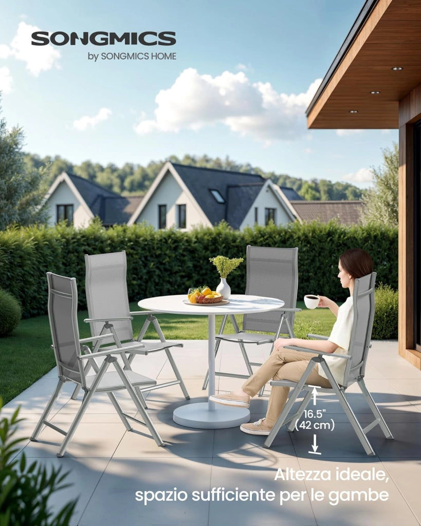 SONGMICS Sedie da Giardino, Set di 4 Sedie Pieghevoli, per Esterno, con Struttura in Metallo, Schienale Regolabile in 8 Posizioni, Capacità di Carico fino a 150 kg, Grigio GCB30GY