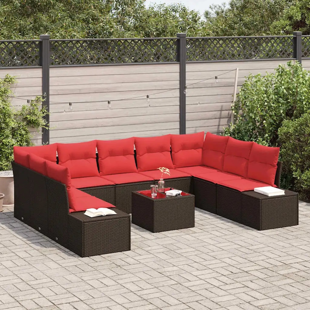 Set Divano da Giardino con cuscino 10 pcs Marrone polyrattan