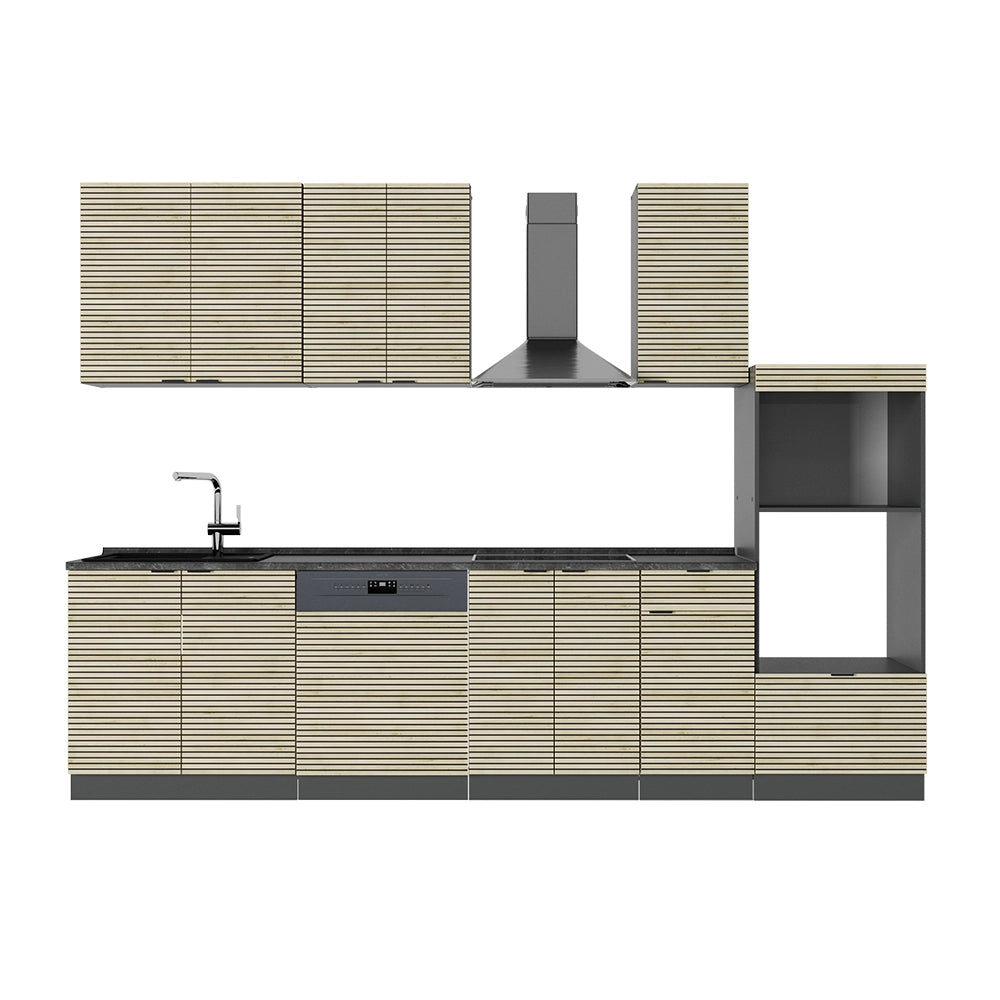 Cucina componibile Fame-Line Pannello in quercia/Antracite 300 cm con armadio alto, PL Antracite Vicco