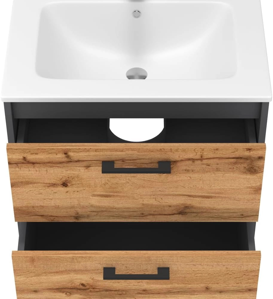 Set di mobili da bagno Lanco, Antracite/quercia dorata, 61 x 61.5 cm con lavabo, composto da mobile sottolavabo e lavabo