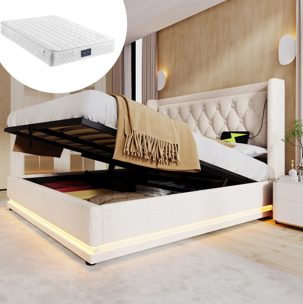Letto contenitore 140x200 cm beige con materasso, LED e USB-C